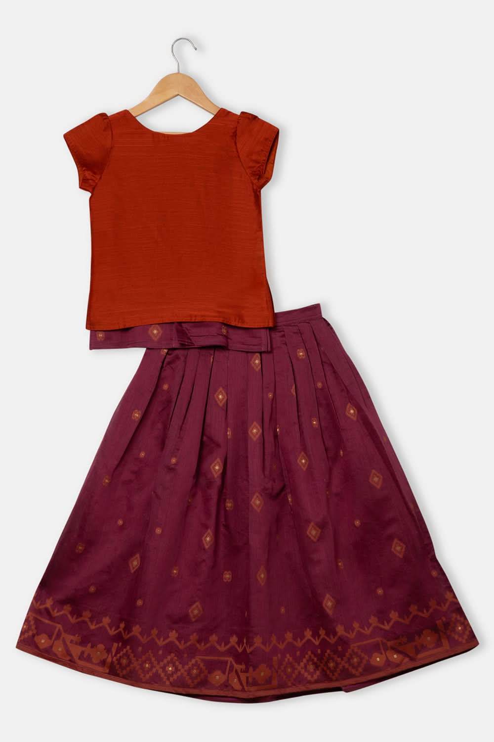 Chittythalli Girls 3-Piece Pavadai Set Spaghetti Strap Inner Box Pleat Skirt Embroidered Overcoat - Brown - PS74 - Naidu Hall Family Store