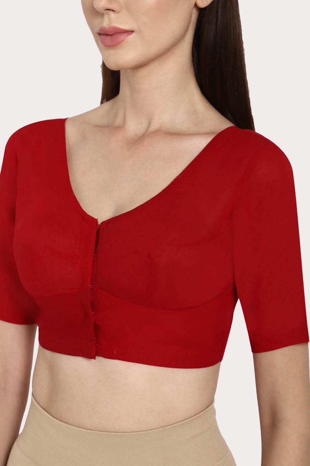 Naidu Hall Full Coverage Non-Wired Non-Padded Round Neck Long Sleeve Cotton Blouse - Dark Red - Naidu Hall Family Store