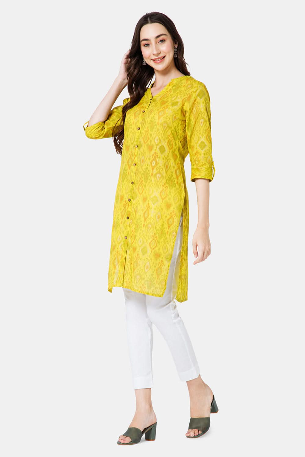 Mythri Women's Ethnic Wear Mandarin collar 3/4 sleeve with front Full placket styling - Yellow - KU37