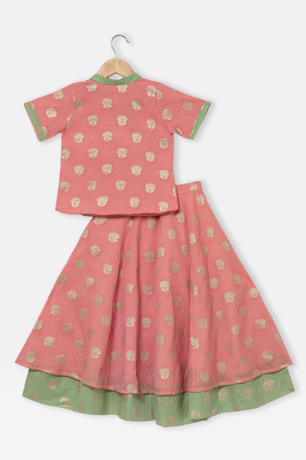 Chittythalli Girls Traditional Pavadai Set with Mandarin Collar Top and Double Layered Flared Skirt - Peach - PS70