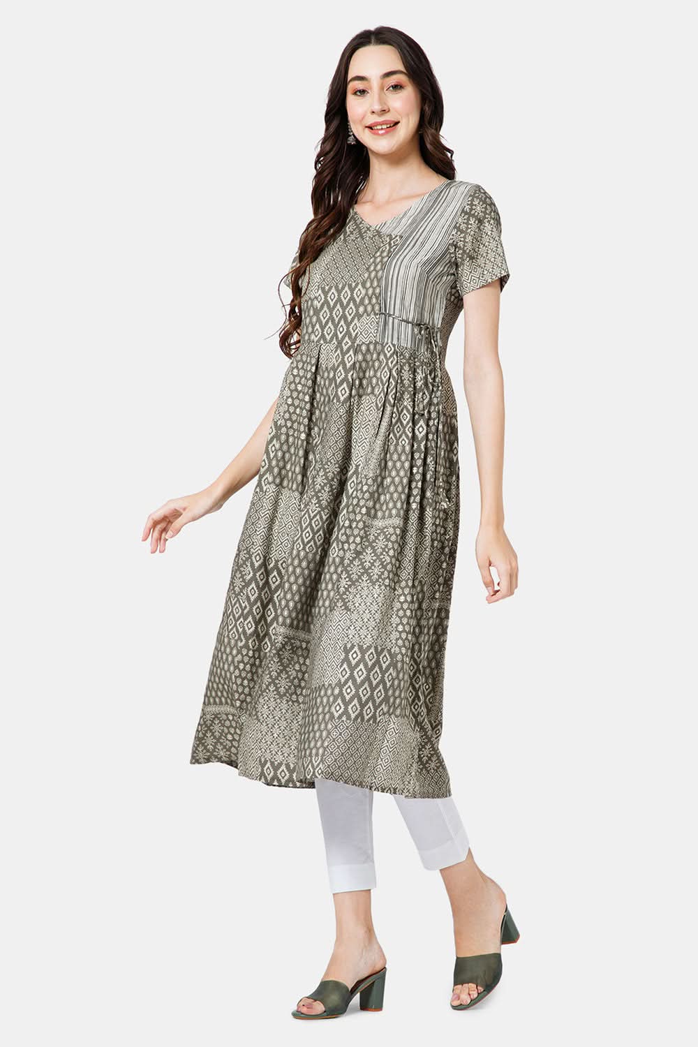 Mythri Women's Ethnic Wear V Neck Anagarkha Kurta with Fabric tassels - Olive - KU42