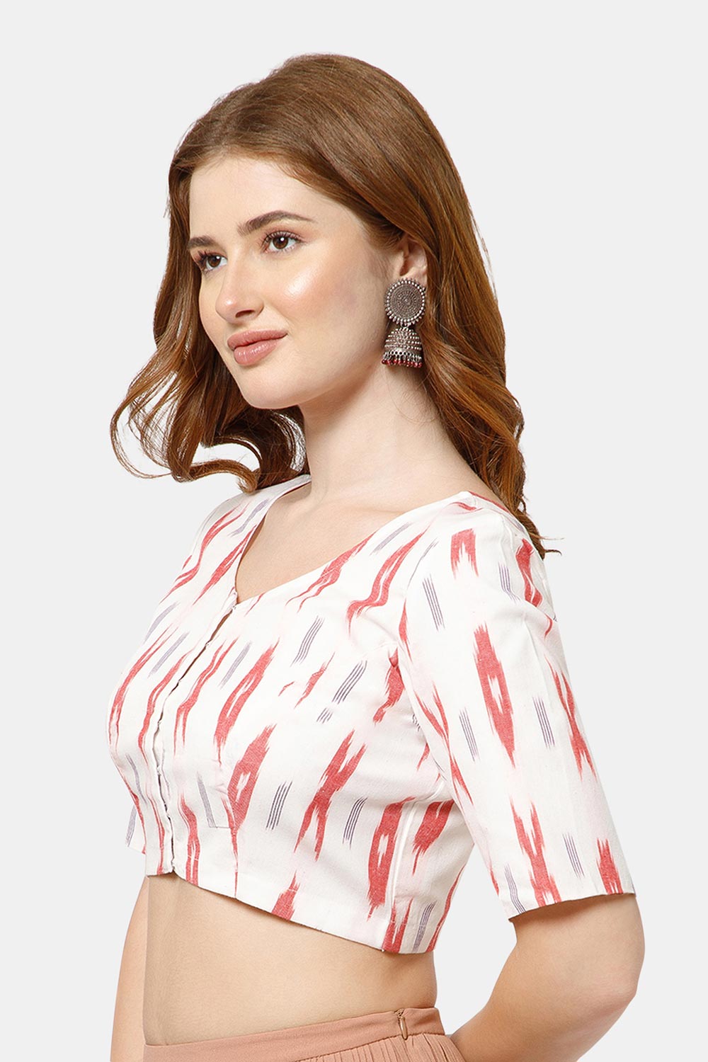 Naidu Hall Women’s Cotton Blouse | Woven U-Neck Ethnic Blouse with Elbow Sleeves & Front Closure - White Red - BU17