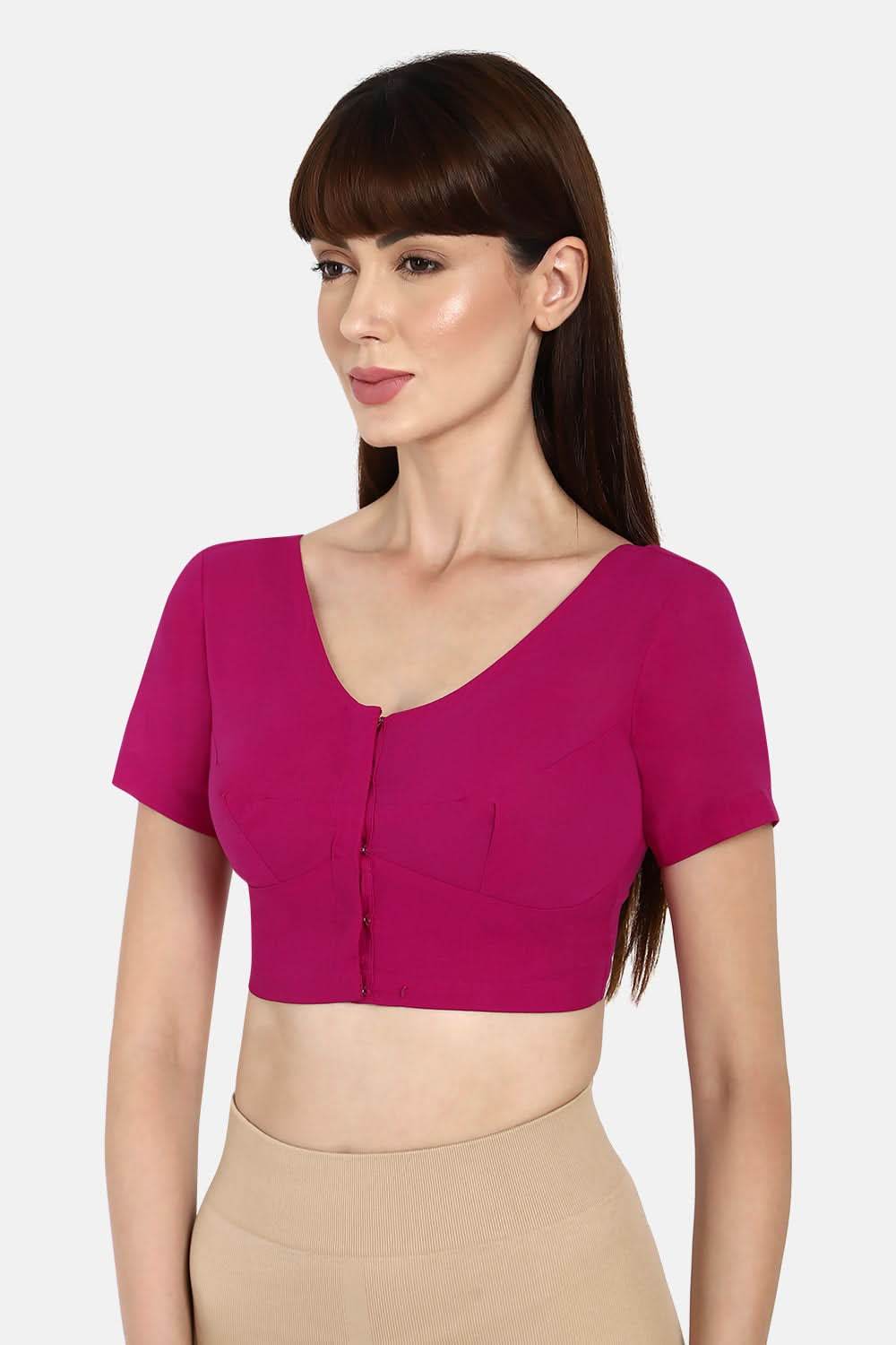 Naidu Hall Full Coverage Non-Wired Non-Padded Round neck short sleeve blouse - Violet - Naidu Hall Family Store