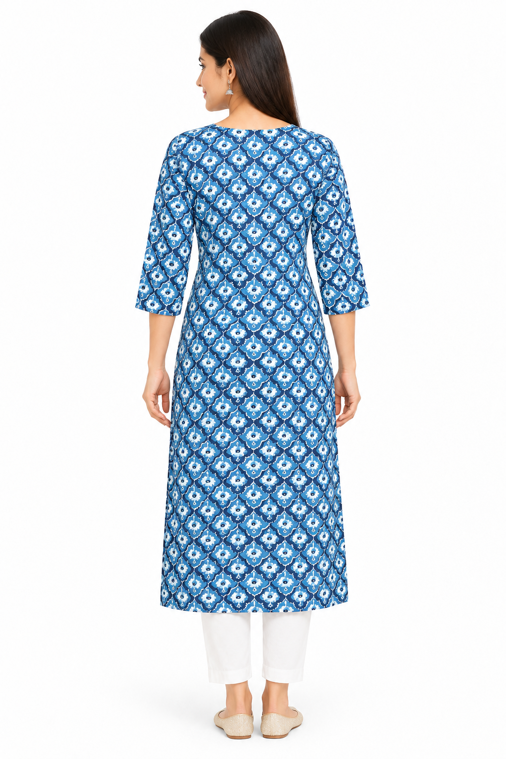 Women's Prints Cotton Blend Kurti with Round Neck, 3/4 Sleeve and Regular Fit - Below Knee | Casual Ethnic Wear Kurti for Daily Wear & Casual Outings - 3471