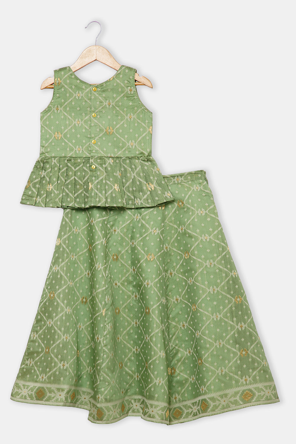 Chittythalli Girls’ Ethnic Pavadai Set – Chanderi Jamdani Peplum Top with Criss-Cross Cording & Kali Skirt | Traditional Festive Wear for Girls - PS91