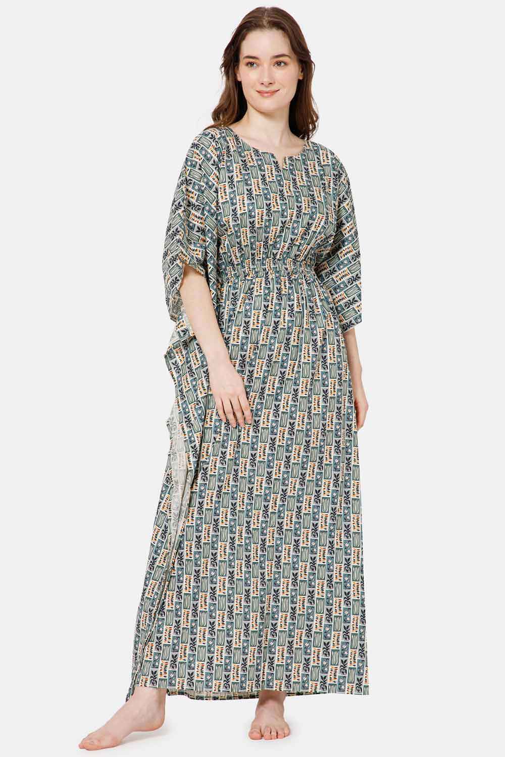 Naidu Hall Modern Printed Kaftan Style Nighty with Round Neck - Green - NT27