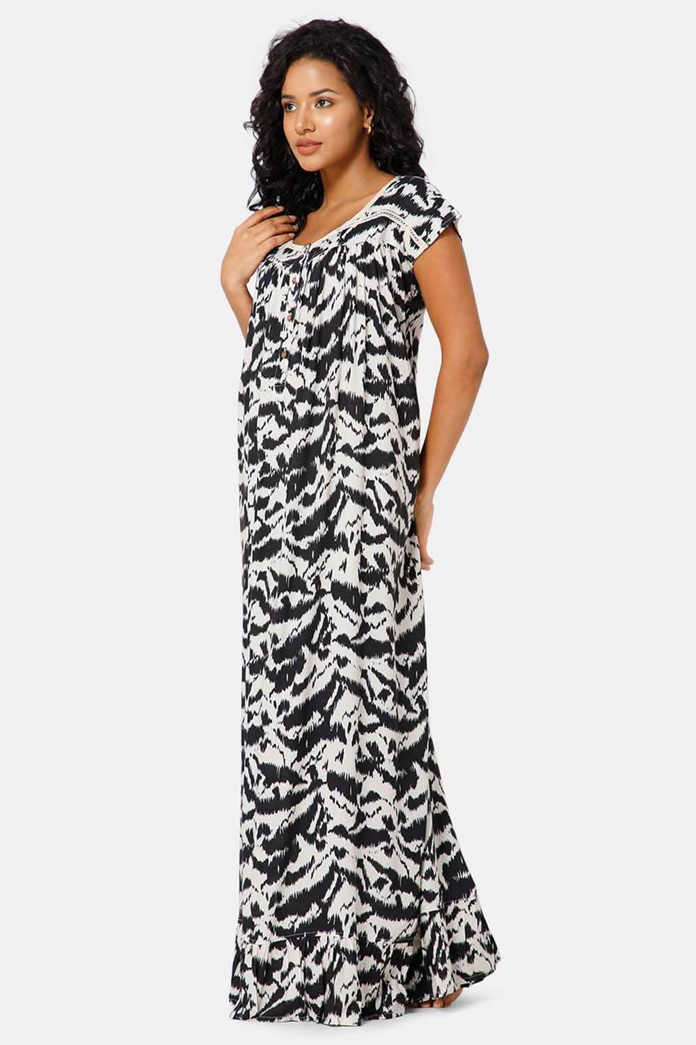 Naidu Hall Front Open Round Neck Mega Sleeve Printed Nighty-Black print-2 - NT39 - Naidu Hall Family Store