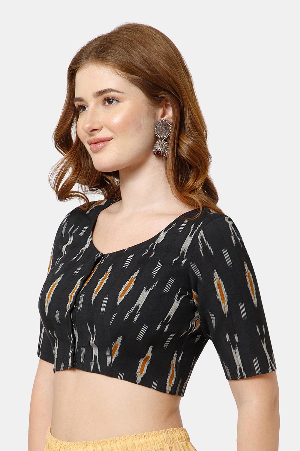 Naidu Hall Women’s Cotton Blouse | Woven U-Neck Ethnic Blouse with Elbow Sleeves & Front Closure - Black - BU17