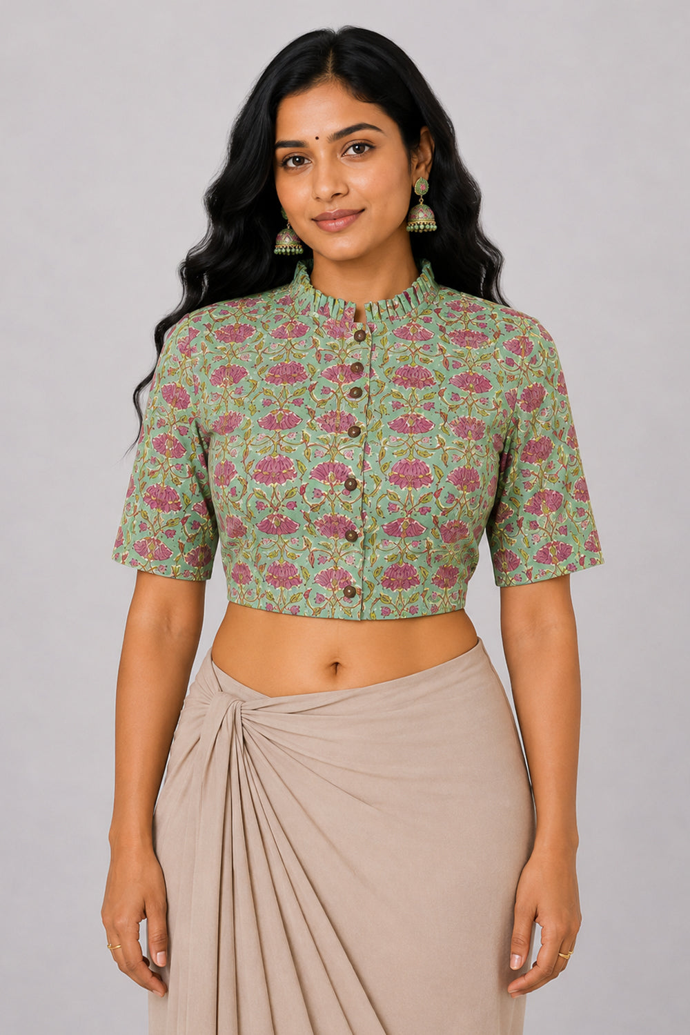 Women's Cotton Blend Printed Saree Blouse | Ruffle Collar Elbow Sleeve Readymade Blouse | Regular Fit Woven Ethnic Blouse | 3016