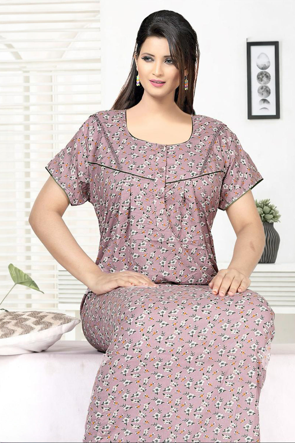 Women's Alpine Pure Cotton Printed Nighty | Round Neck Short Sleeve Full Length Night Gown for Women | Relax Fit Soft Cotton Sleepwear - 3046