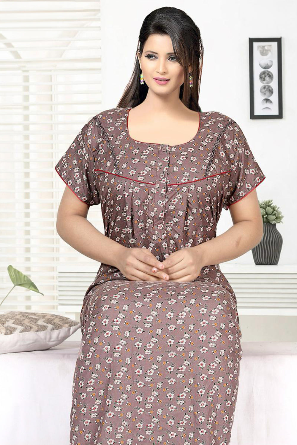 Women's Alpine Pure Cotton Printed Nighty | Round Neck Short Sleeve Full Length Night Gown for Women | Relax Fit Soft Cotton Sleepwear - 3046