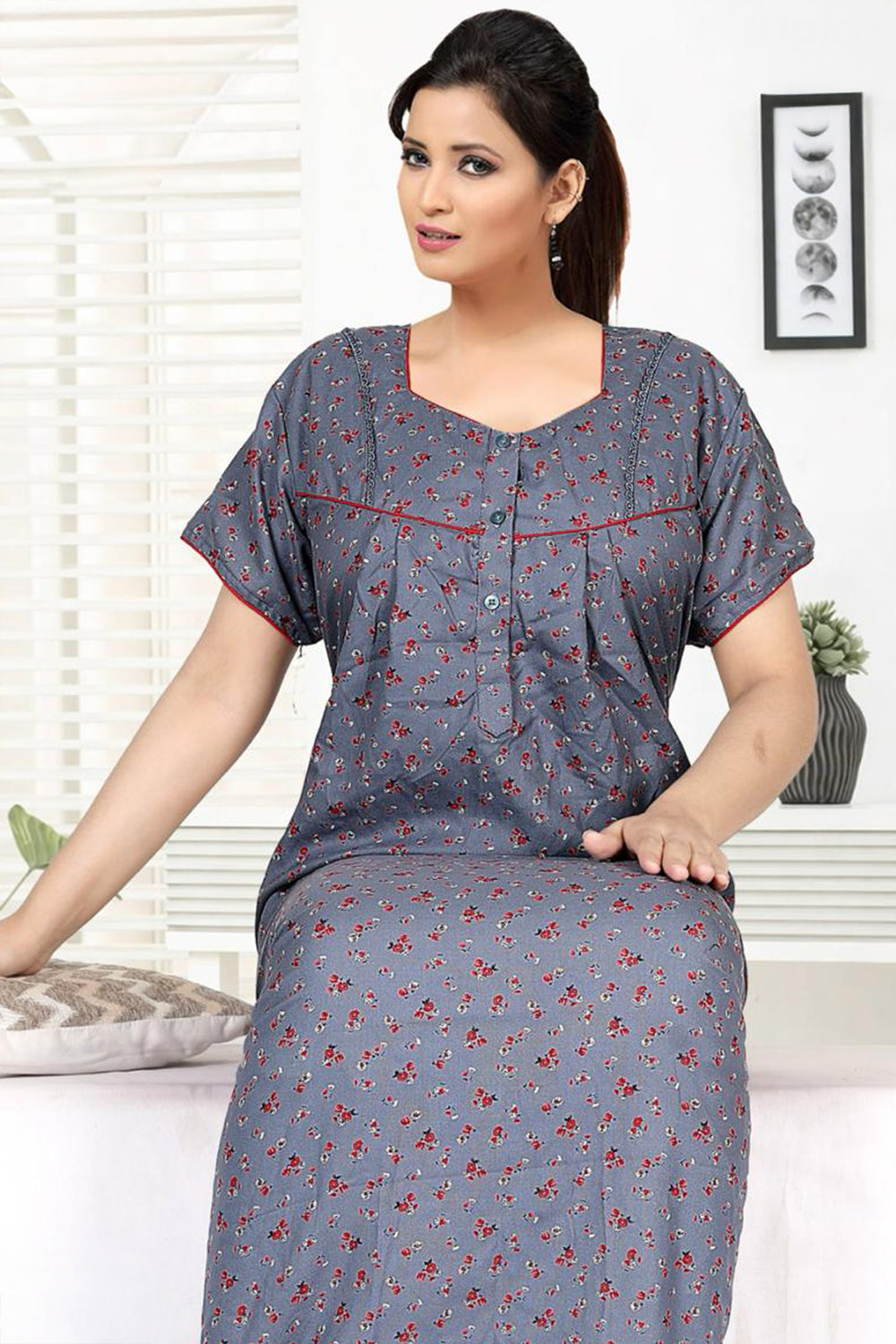 Women’s Cotton Blend Printed Pleated Nighty | Full Length Round Neck Night Dress with Short Sleeves | Regular Fit Daily Wear Sleepwear & Loungewear - 3047