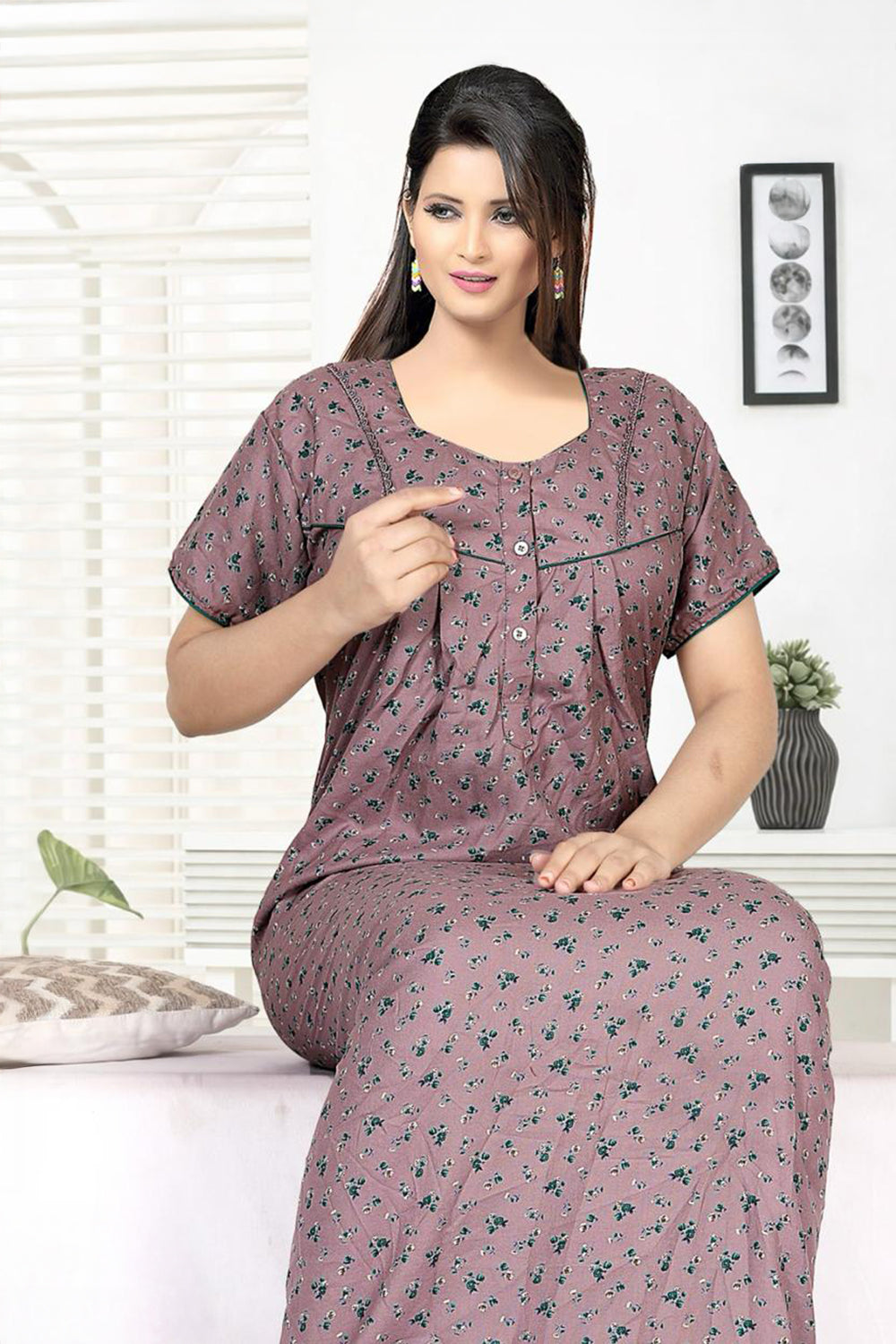 Women’s Cotton Blend Printed Pleated Nighty | Full Length Round Neck Night Dress with Short Sleeves | Regular Fit Daily Wear Sleepwear & Loungewear - 3047