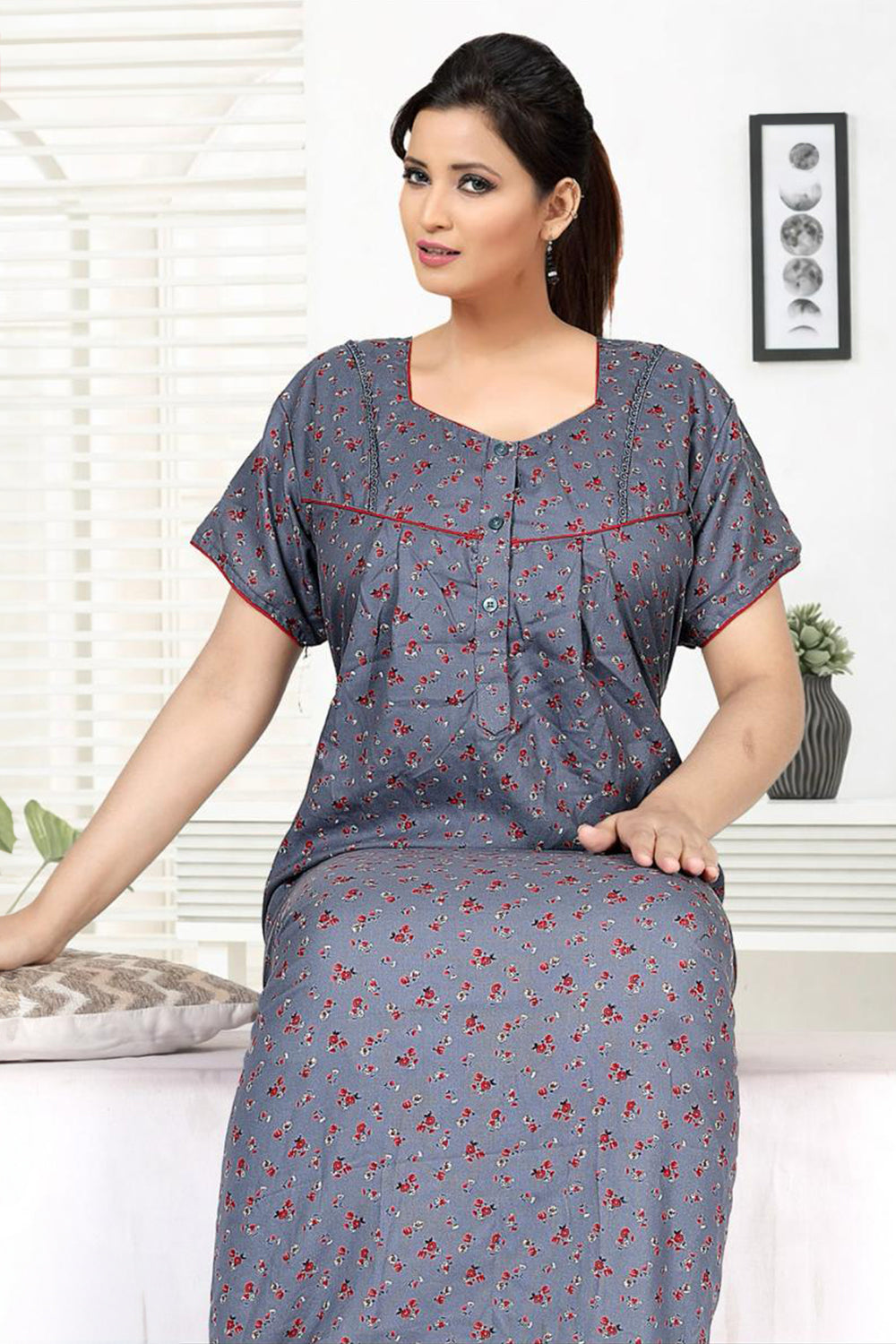 Women's Alpine Pure Cotton Printed Nighty | Round Neck Short Sleeve Full Length Night Gown for Women | Relax Fit Soft Cotton Sleepwear - 3047