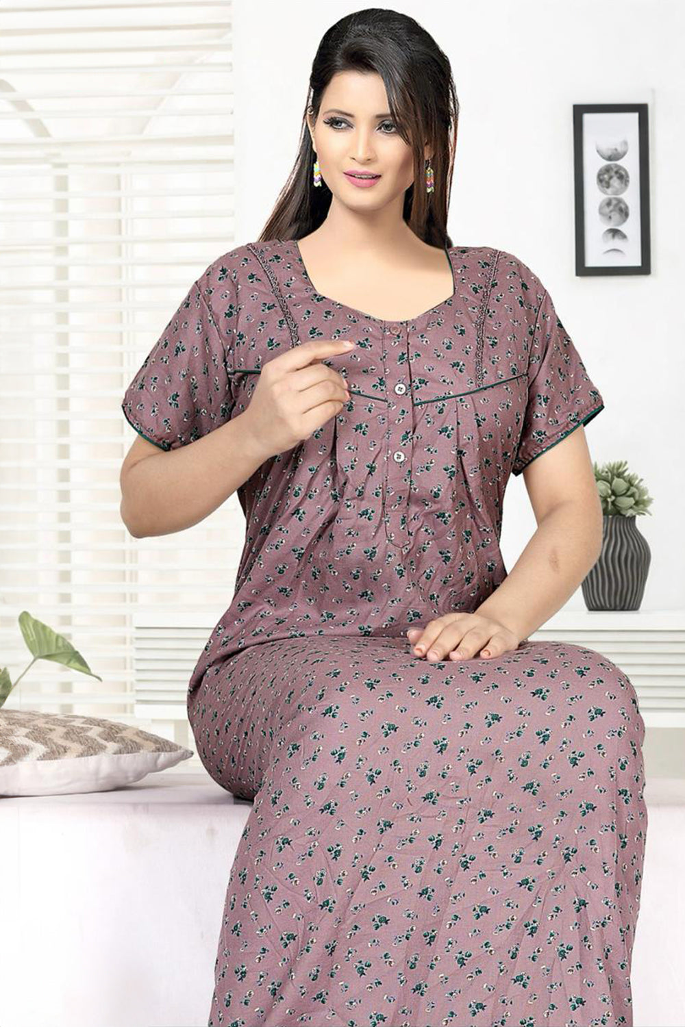 Women's Alpine Pure Cotton Printed Nighty | Round Neck Short Sleeve Full Length Night Gown for Women | Relax Fit Soft Cotton Sleepwear - 3047