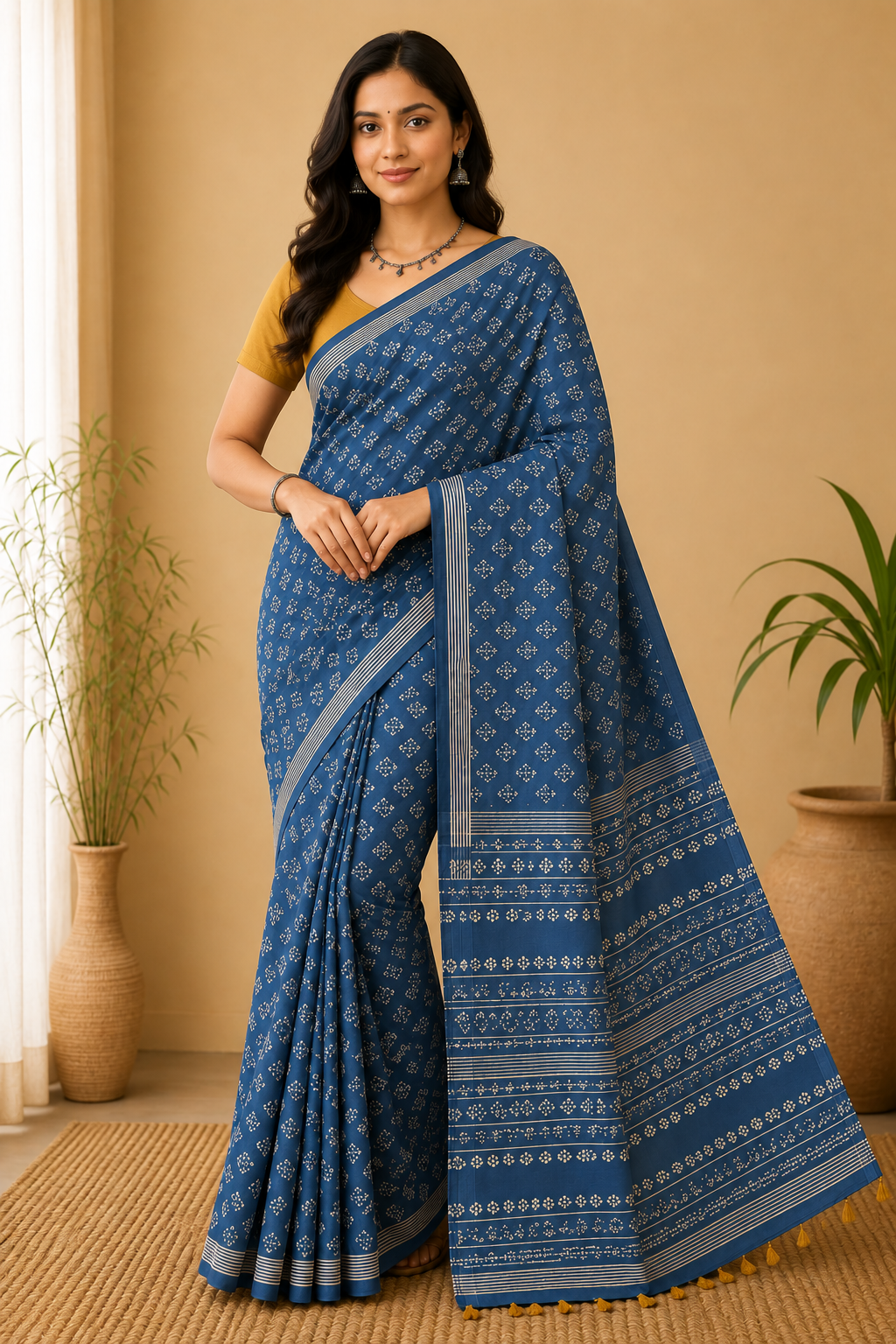 Women's Pure Cotton Jaipur Print Saree with Blouse | Soft Cotton Printed Saree for Women | Traditional, Casual & Festive Ethnic Wear - Blue - 3135