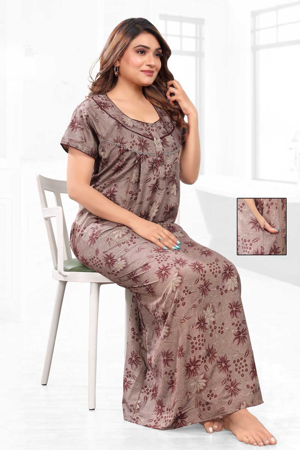 Naidu Hall Women’s Printed Pleated Nighty – Relax Fit Poly Viscose Full Length Nightwear with Round Neck | Comfortable Daily Wear - 3492
