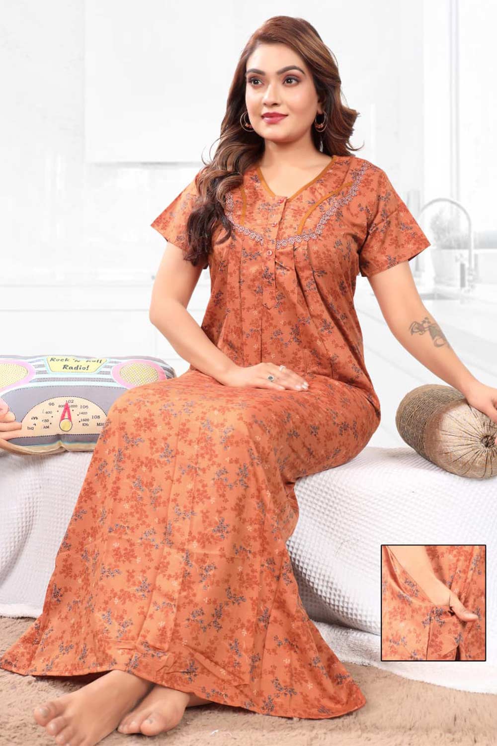 Naidu Hall Women’s Printed Pleated Nighty – Relax Fit Poly Viscose Full Length Nightwear with Round Neck | Comfortable Daily Wear - 3515
