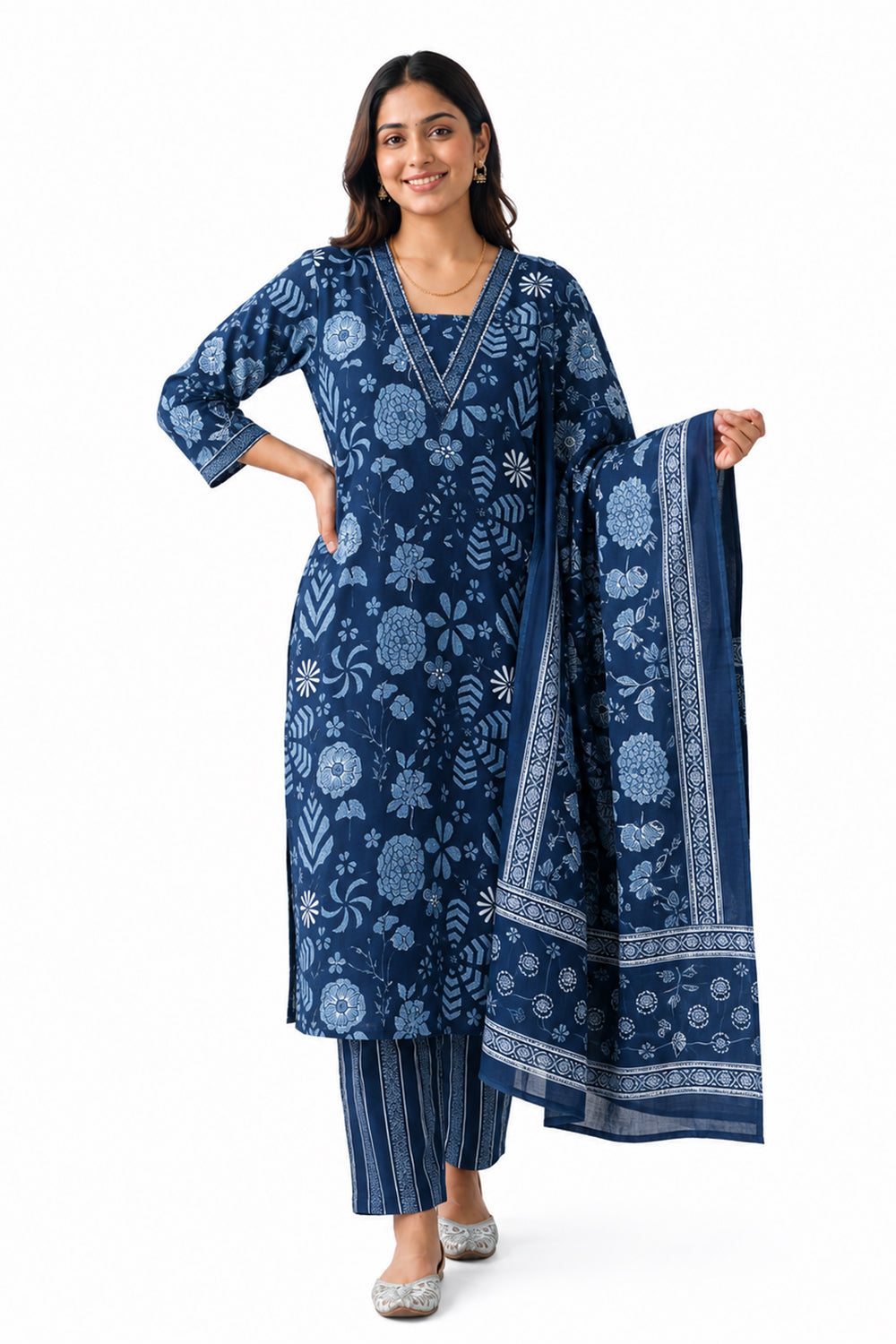 Women’s Cotton Blend Printed Chudidar | V-Neck Below Knee Kurta with 3/4 Sleeves | Regular Fit Daily Office Casual Ethnic Wear for Women - 3515