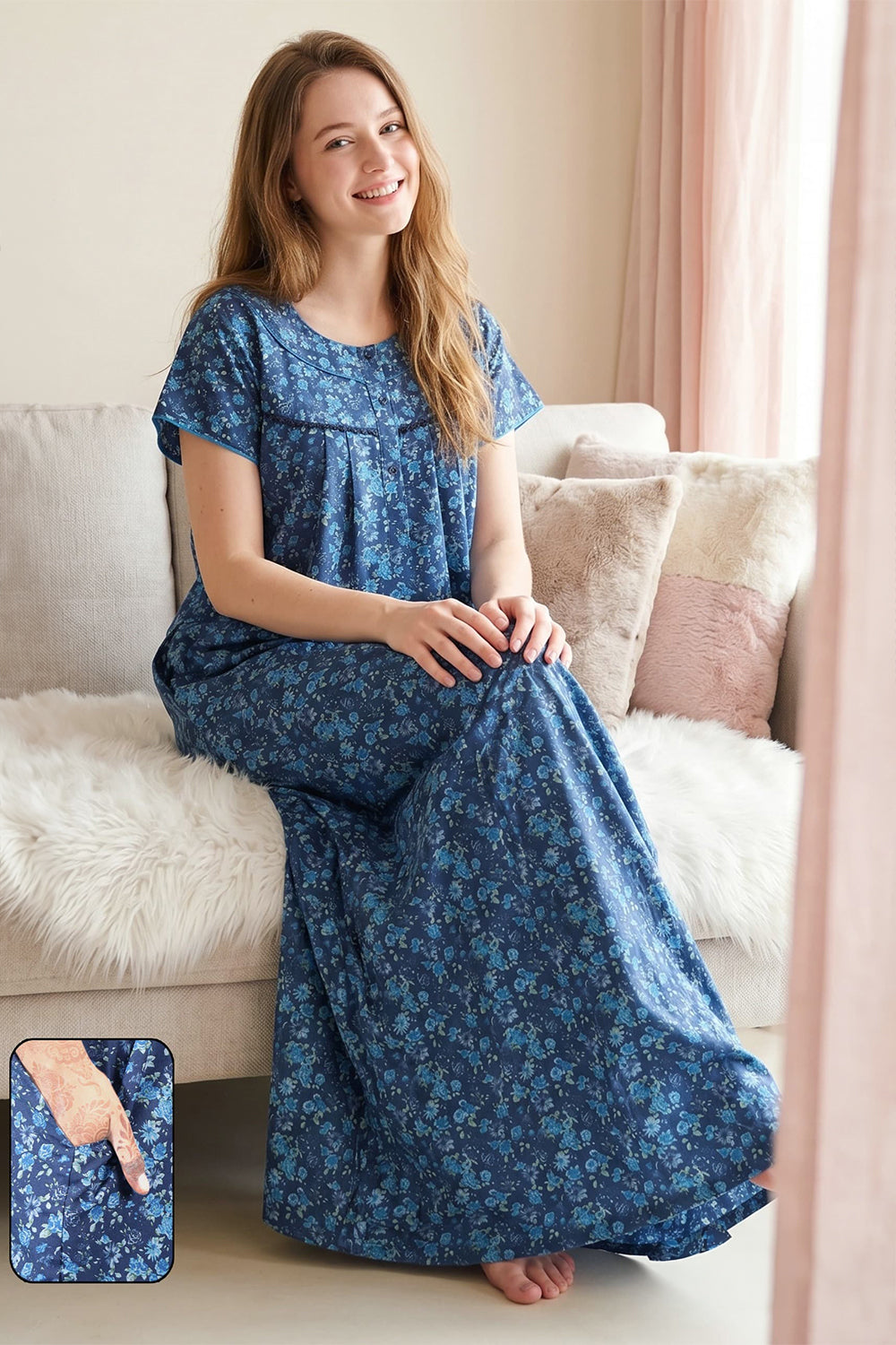 Women's Bizzy Lizzy Poly Viscose Printed Nighty | Round Neck Short Sleeve Full Length Night Gown for Women | Relax Fit Premium Sleepwear - 3566