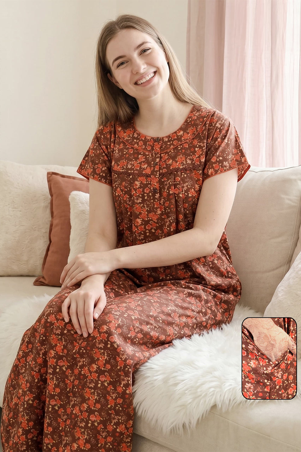 Women's Bizzy Lizzy Poly Viscose Printed Nighty | Round Neck Short Sleeve Full Length Night Gown for Women | Relax Fit Premium Sleepwear - 3566