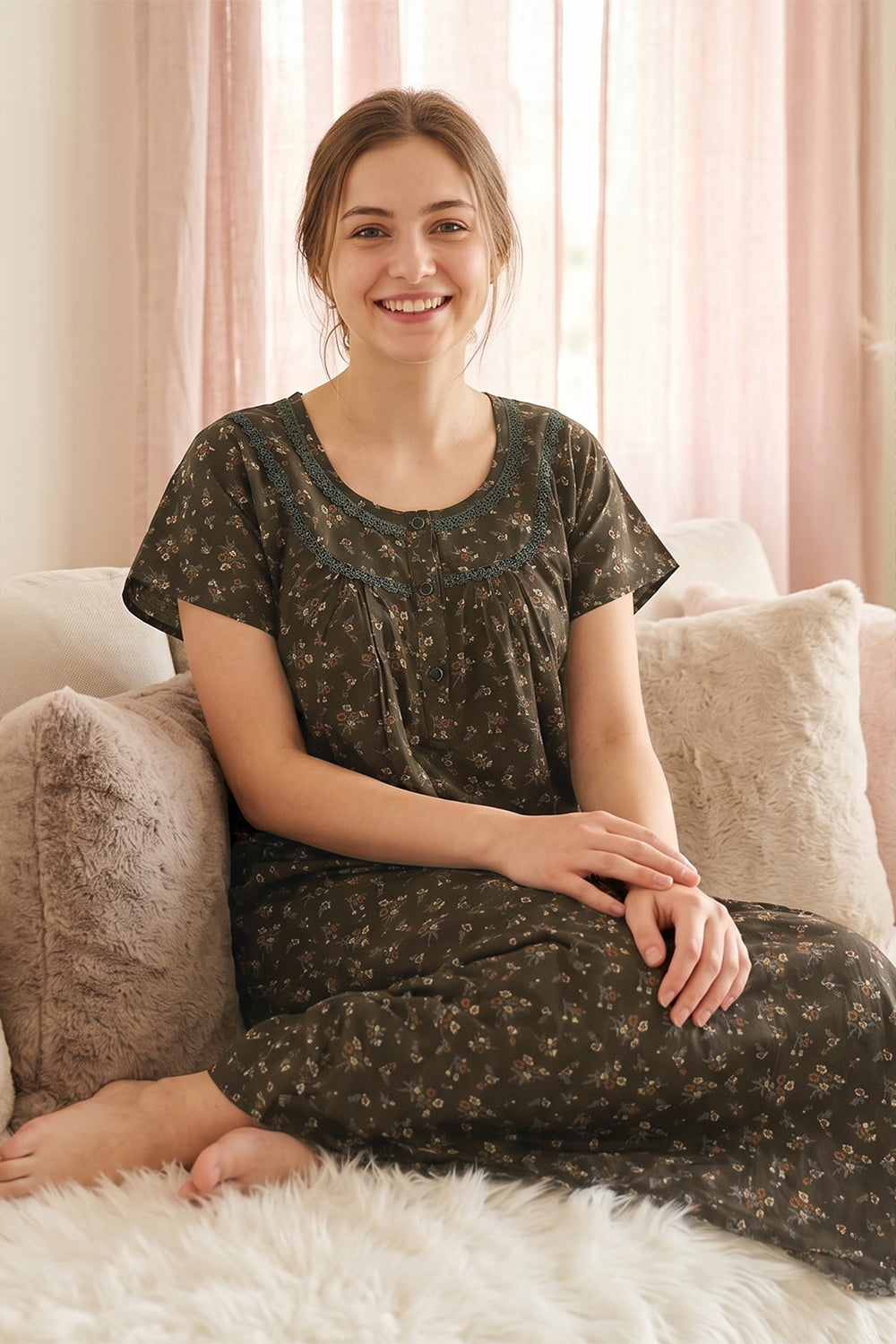 Women's Alpine Pure Cotton Printed Nighty | Round Neck Short Sleeve Full Length Night Gown for Women | Relax Fit Soft Cotton Sleepwear - 3589