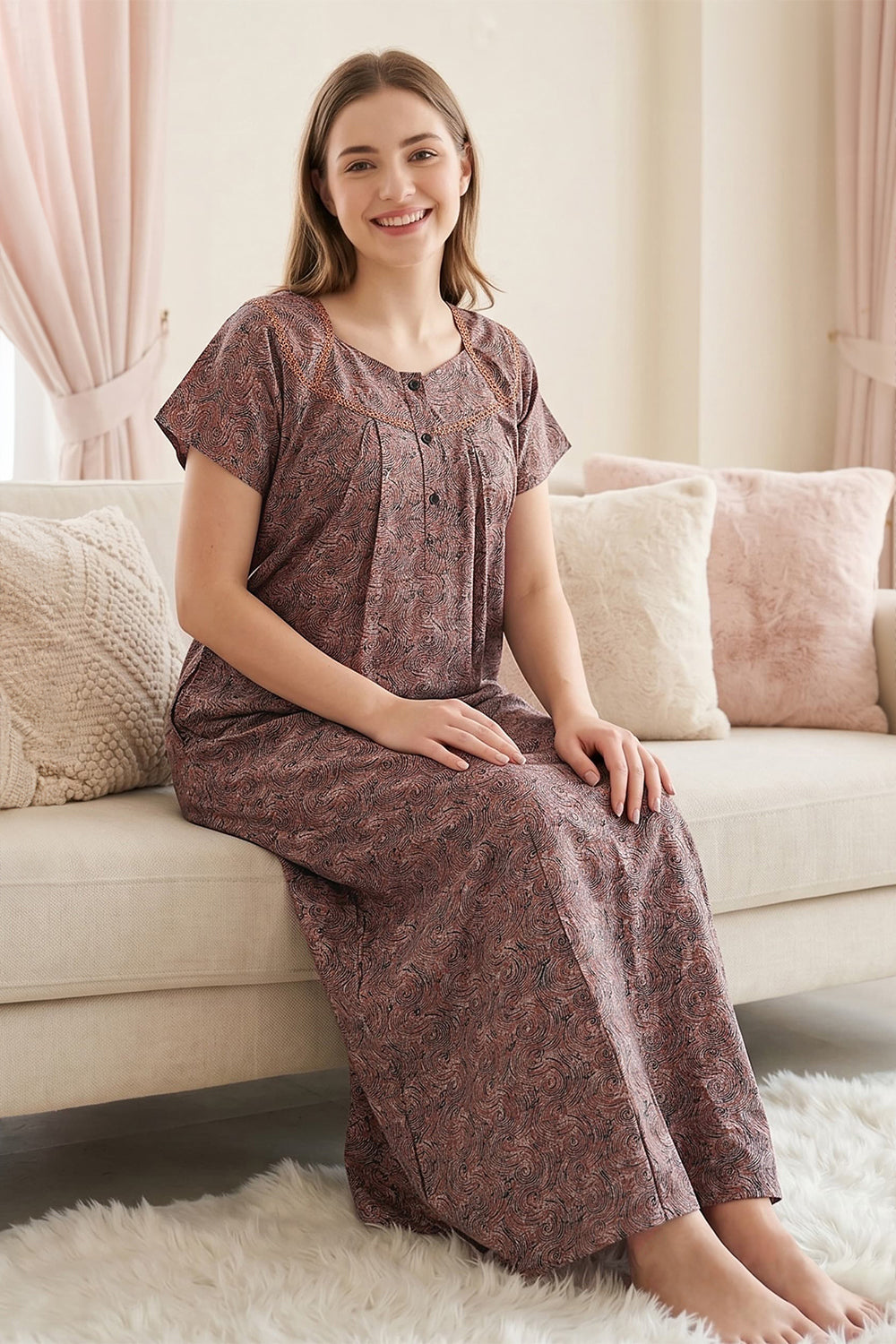 Women's Alpine Pure Cotton Printed Nighty | Round Neck Short Sleeve Full Length Night Gown for Women | Relax Fit Soft Cotton Sleepwear - 3591
