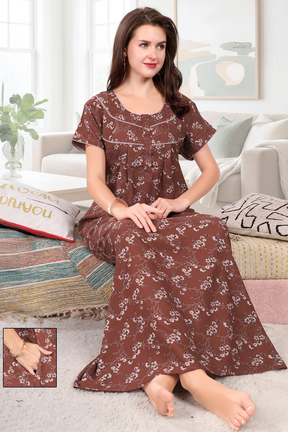 Women’s Cotton Blend Printed Pleated Nighty | Full Length Round Neck Night Dress with Short Sleeves | Regular Fit Daily Wear Sleepwear & Loungewear - 3611