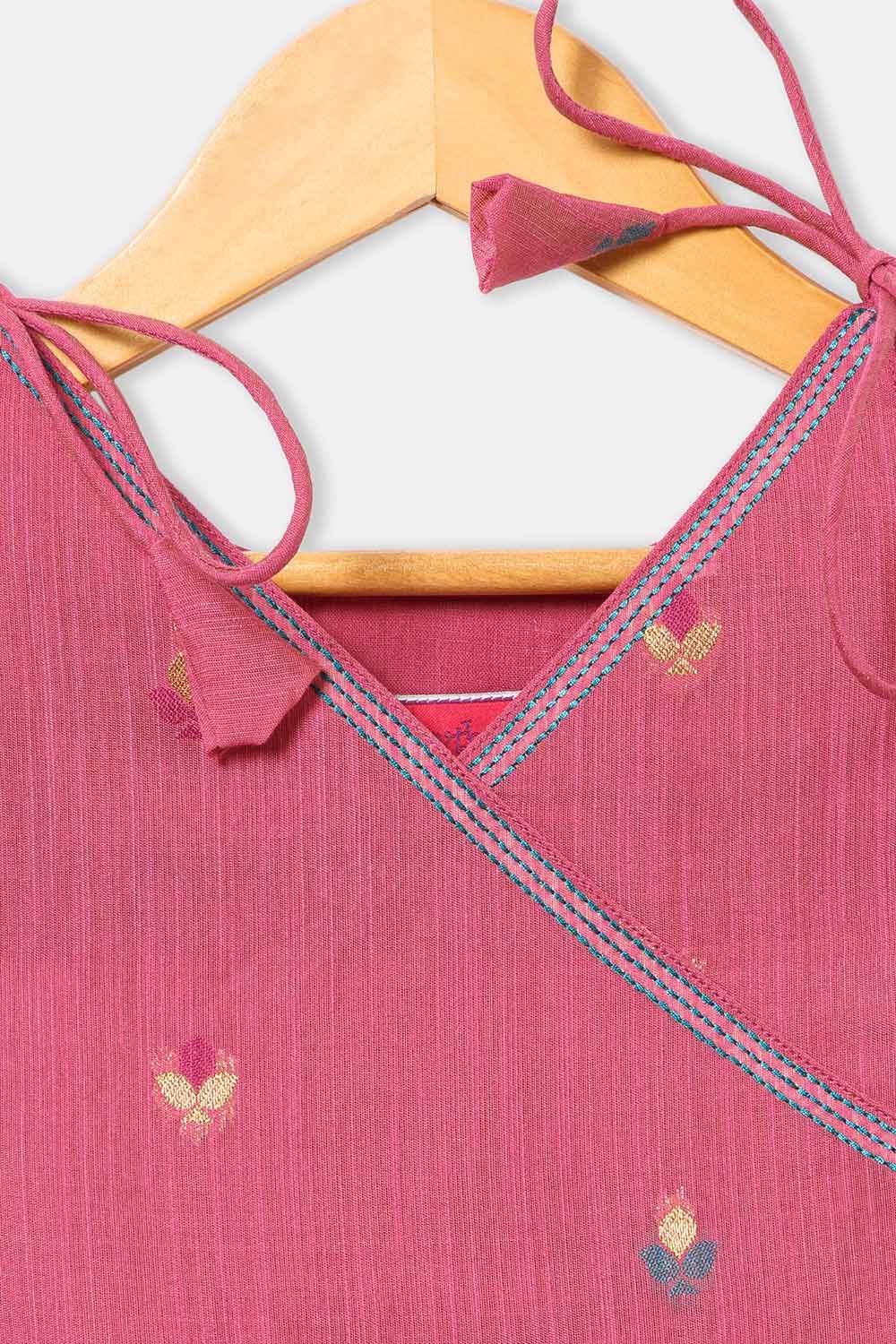 Chittythalli Girls’ Ethnic Frock – Angarkha Cut Top with Chain Stitch Embroidery & Knife Pleated Skirt - Pink - FR39 - Naidu Hall Family Store