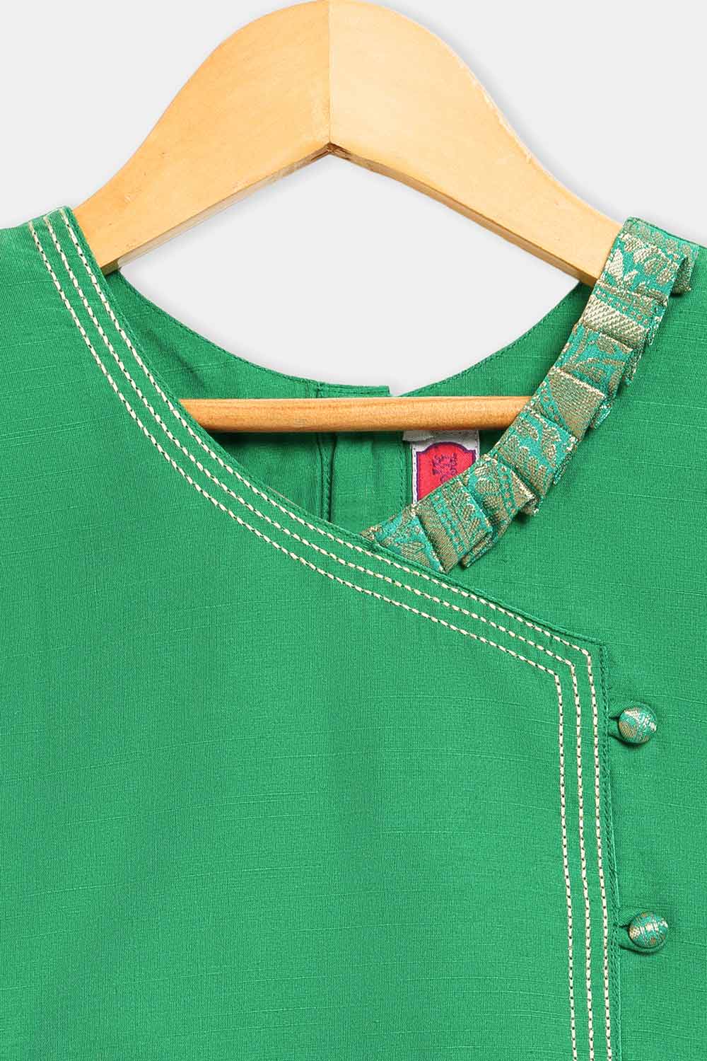 Chittythalli Girls’ Asymmetric Neck Pavadai Set – Brocade Skirt & Cotton Top - Pista Green - PS50