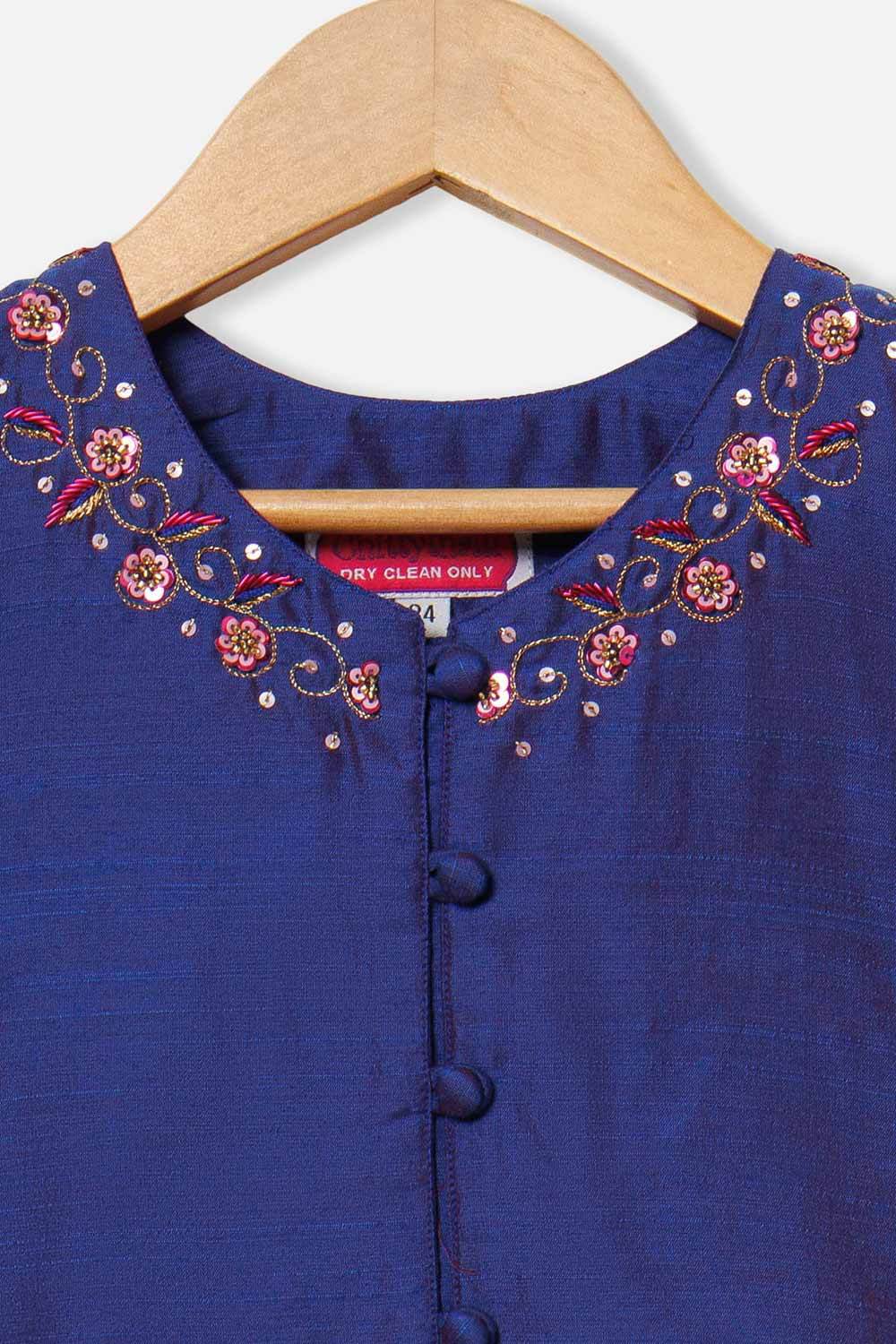 Chittythalli Girls’ Pavadai Set – V-Neck Embroidered Top with Puff Sleeves & Box-Pleated Brocade Skirt - Purple - PS38 - Naidu Hall Family Store