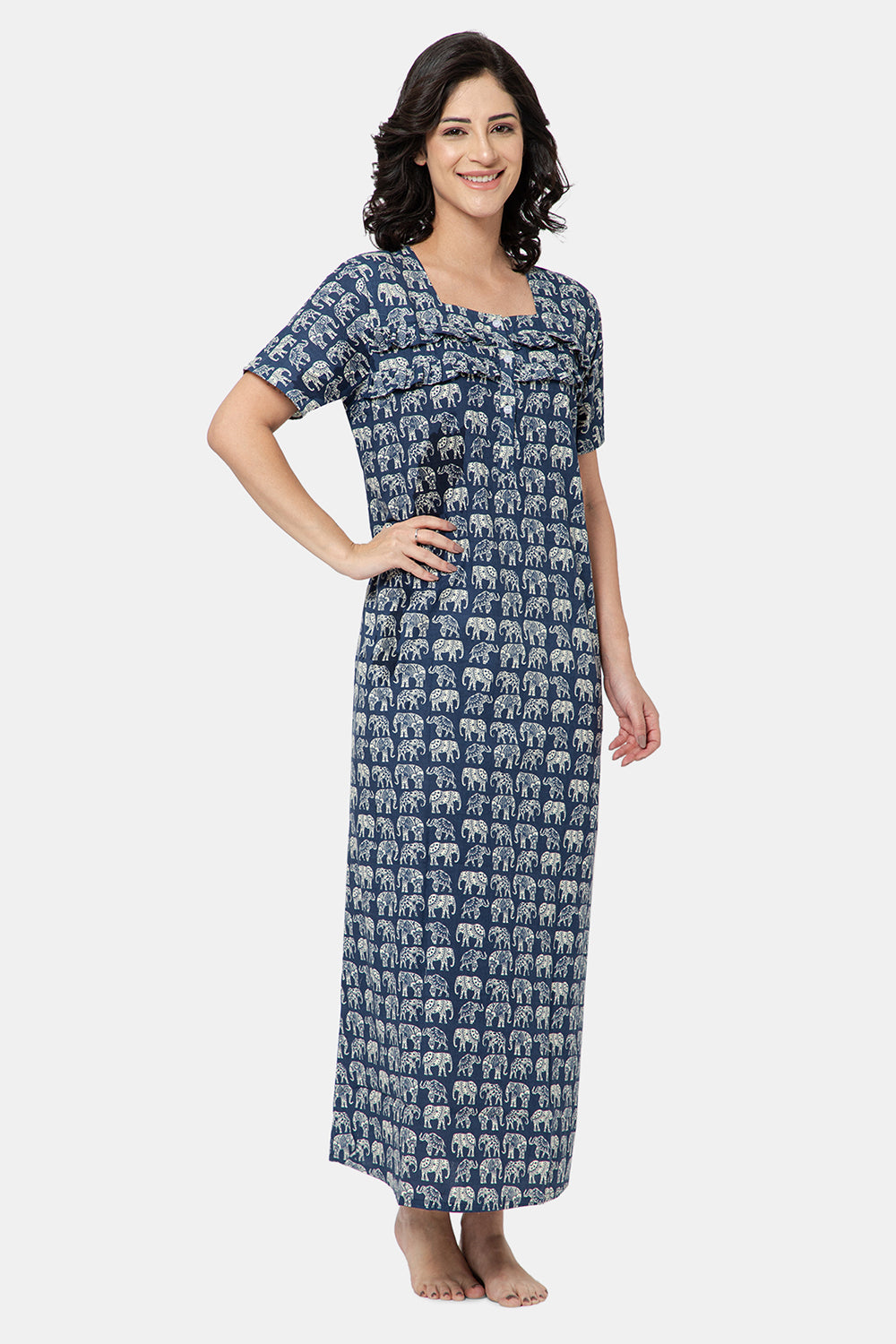 Naidu Hall Women's Printed A-Line Nighty with Square Neck and Ruffle Detailing - Dark Blue - N104