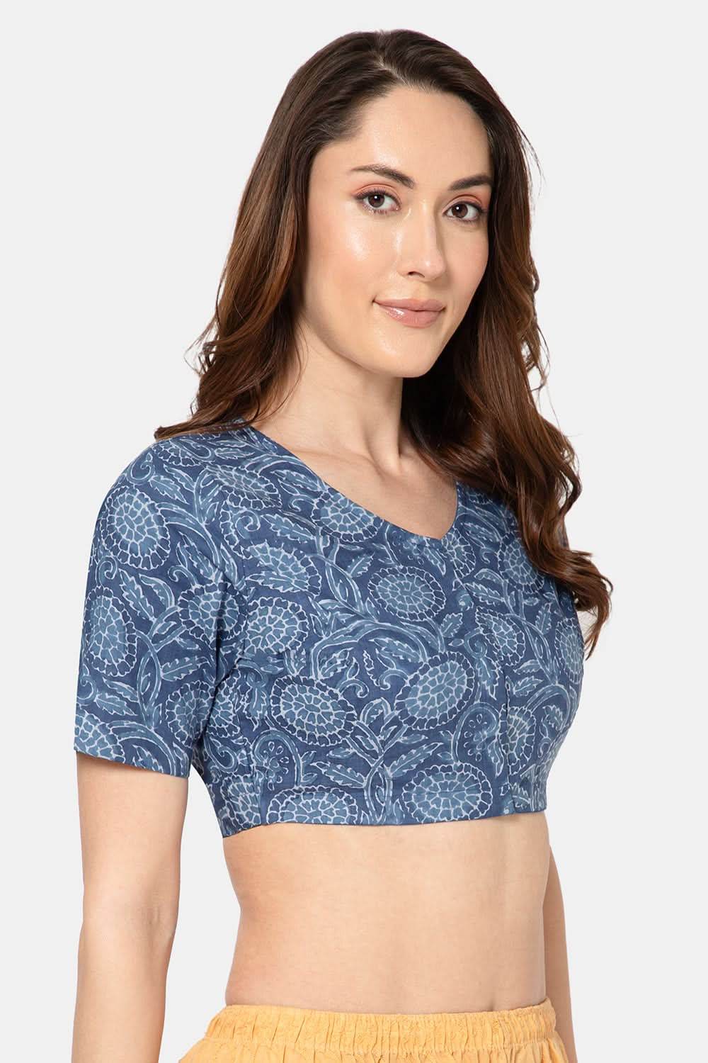Naidu Hall Elegant Block Print Cotton Blouse for Women with V-Neck, Elbow Sleeves, and Soft Inner Lining - Light Blue - BU15 - Naidu Hall Family Store