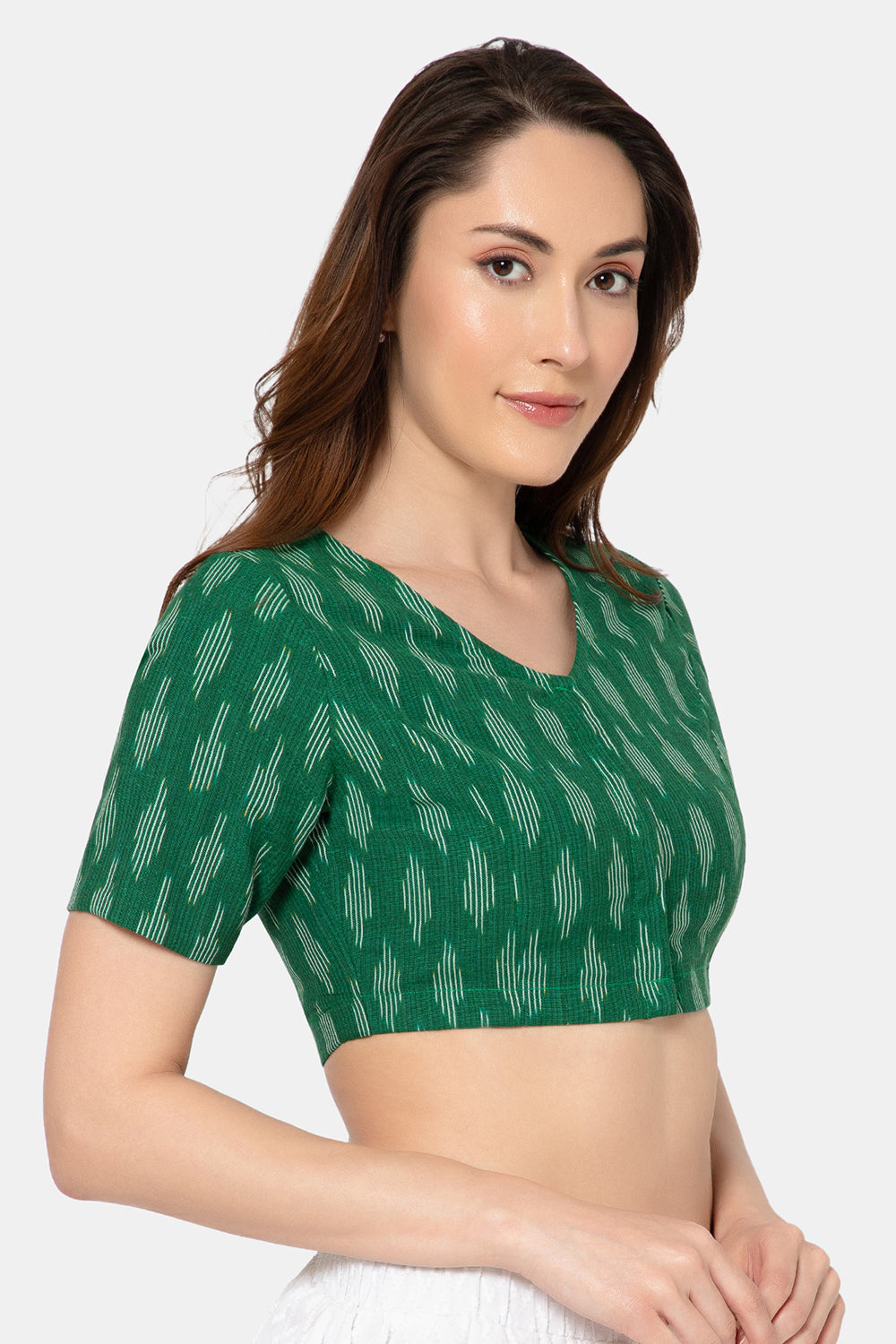 Naidu Hall Women’s Designer Cotton Ikat Blouse V-Neck Front Open with Elbow Sleeves - Green - BU16