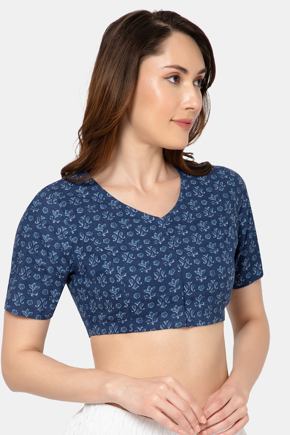 Naidu Hall Women’s Designer Cotton Ikat Blouse V-Neck Front Open with Elbow Sleeves - Dark Blue - BU16