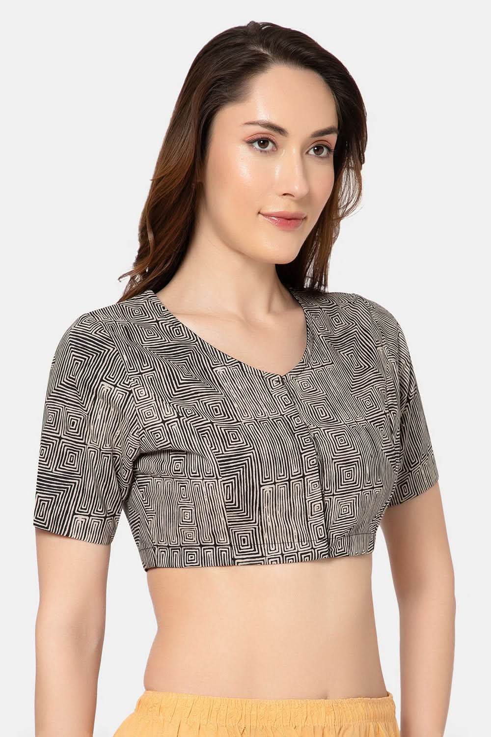 Naidu Hall Elegant Block Print Cotton Blouse for Women with V-Neck, Elbow Sleeves, and Soft Inner Lining - Black - BU15 - Naidu Hall Family Store