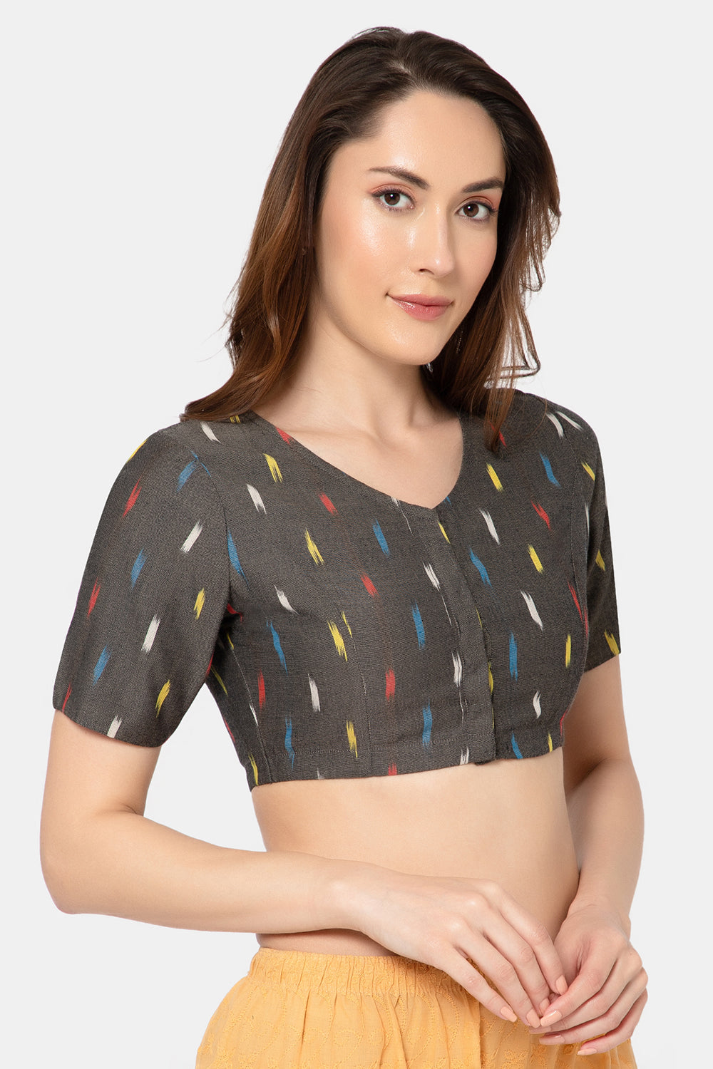 Naidu Hall Women’s Designer Cotton Ikat Blouse V-Neck Front Open with Elbow Sleeves - Black Print 1 - BU16