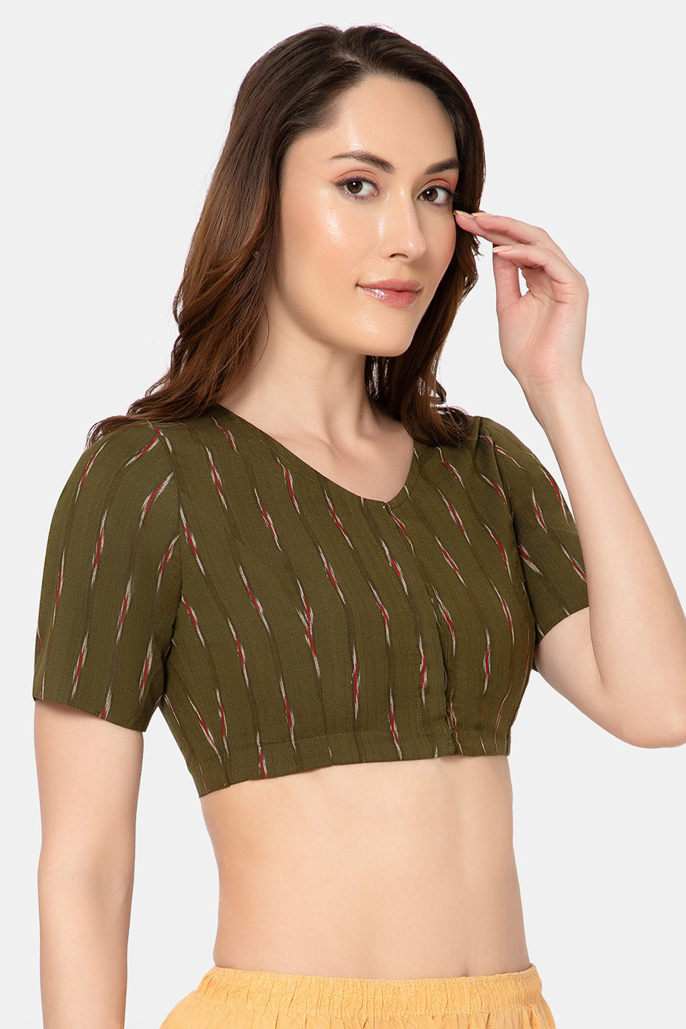 Naidu Hall Women’s Designer Cotton Ikat Blouse V-Neck Front Open with Elbow Sleeves - Olive - BU16