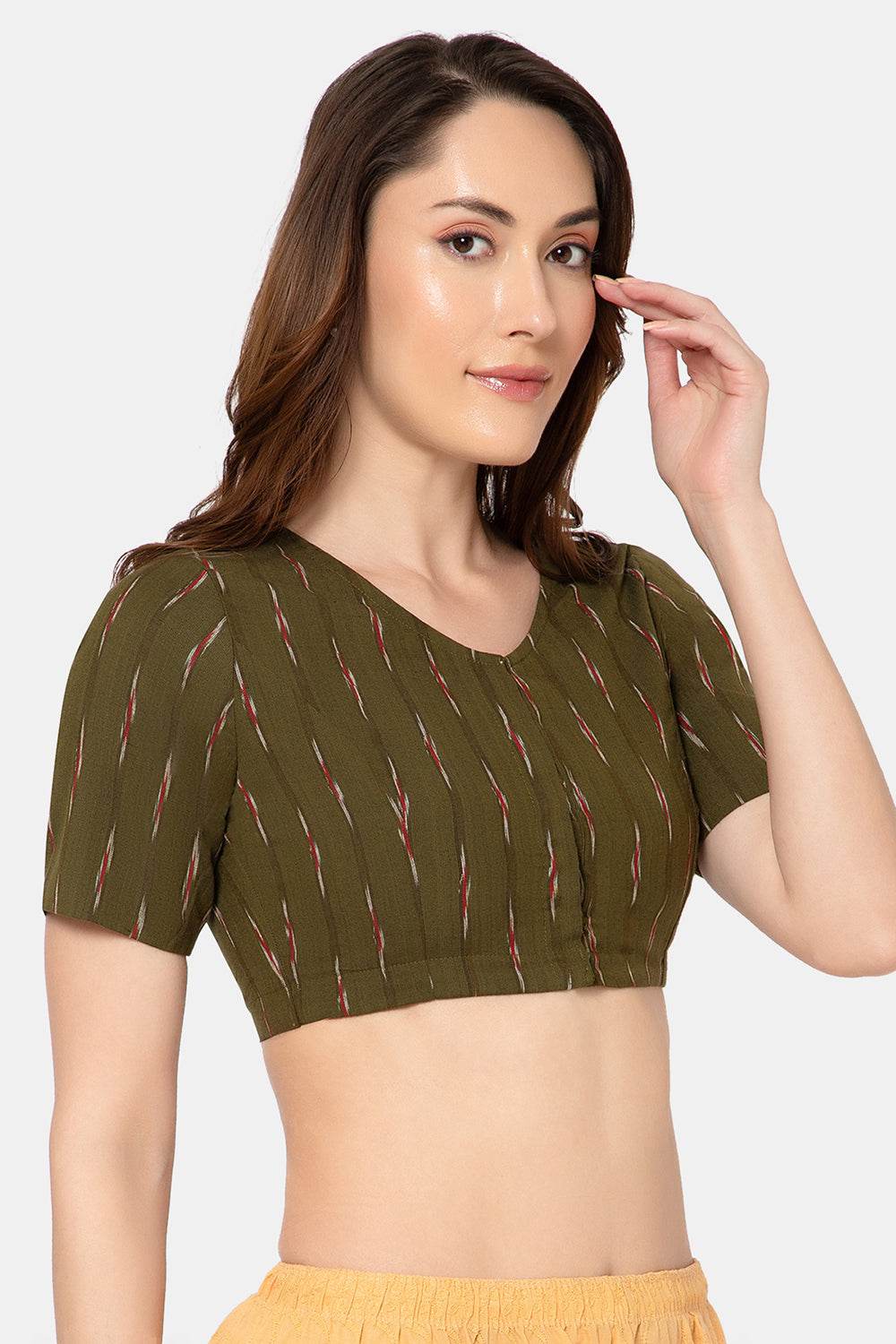 Naidu Hall Women’s Designer Cotton Ikat Blouse V-Neck Front Open with Elbow Sleeves - Olive - BU16 - Naidu Hall Family Store