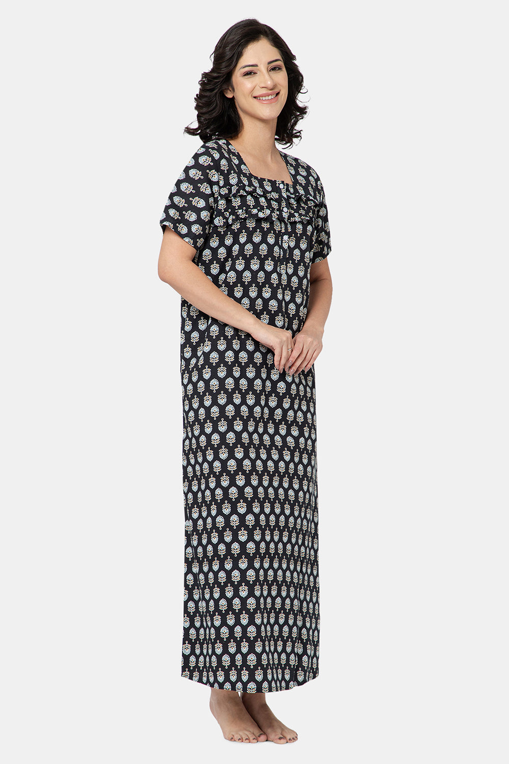 Naidu Hall Women's Printed A-Line Nighty with Square Neck and Ruffle Detailing - Black - N103