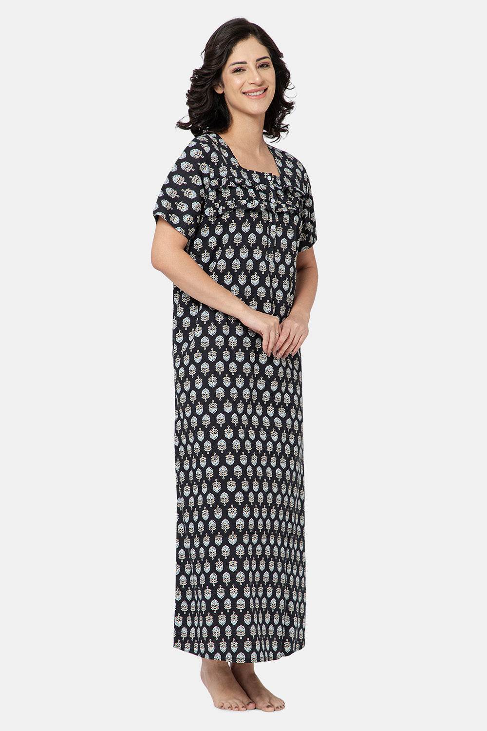 Naidu Hall Women's Printed A-Line Nighty with Square Neck and Ruffle Detailing - Black - N103 - Naidu Hall Family Store