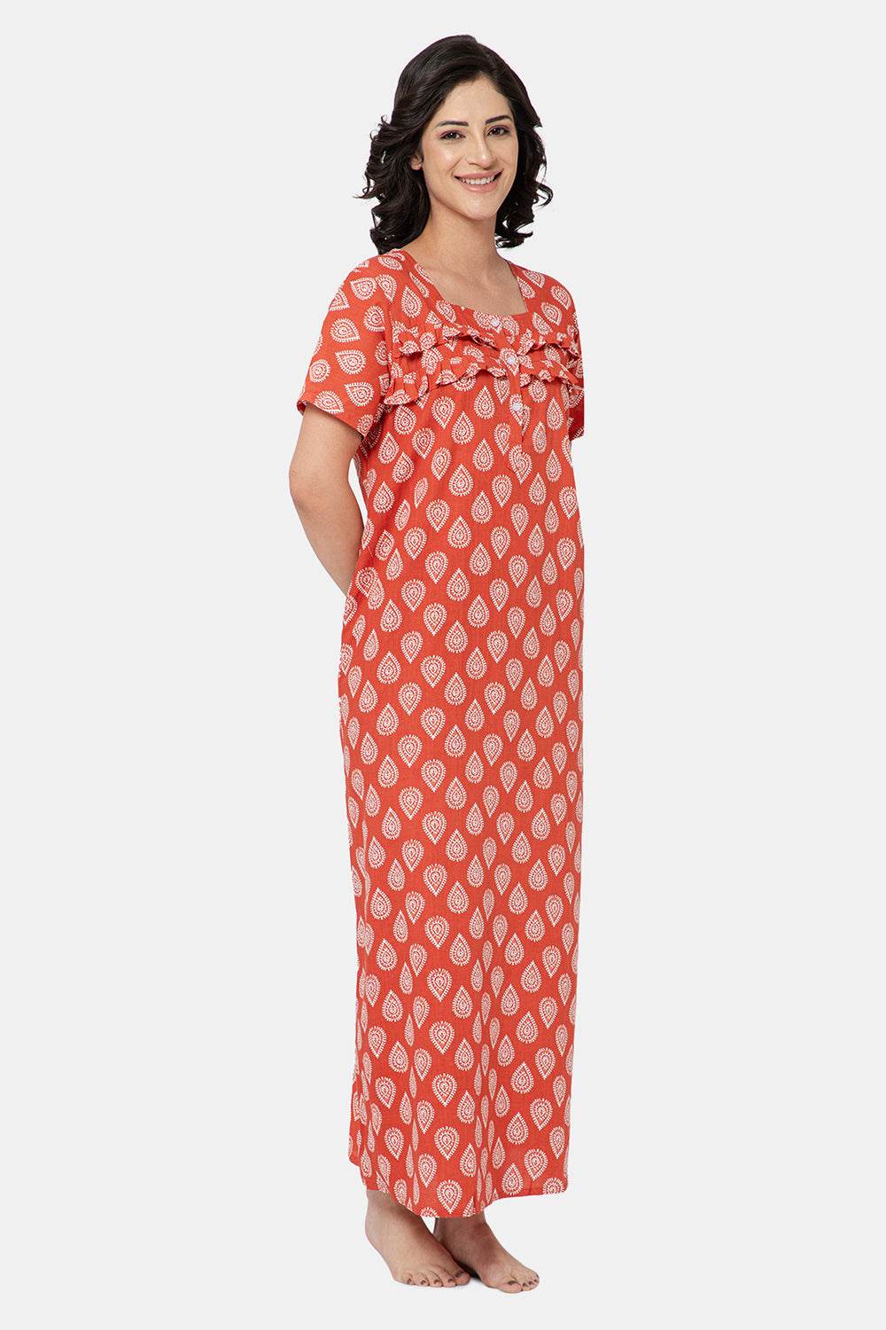 Naidu Hall Women's Printed A-Line Nighty with Square Neck and Ruffle Detailing - Red - N102 - Naidu Hall Family Store