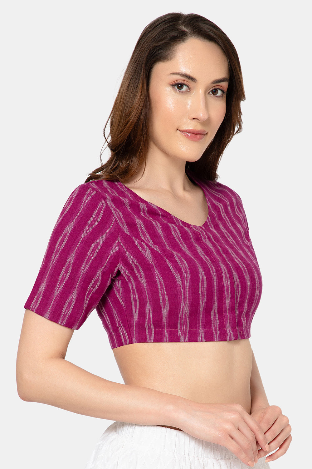 Naidu Hall Women’s Designer Cotton Ikat Blouse V-Neck Front Open with Elbow Sleeves - Purple - BU16