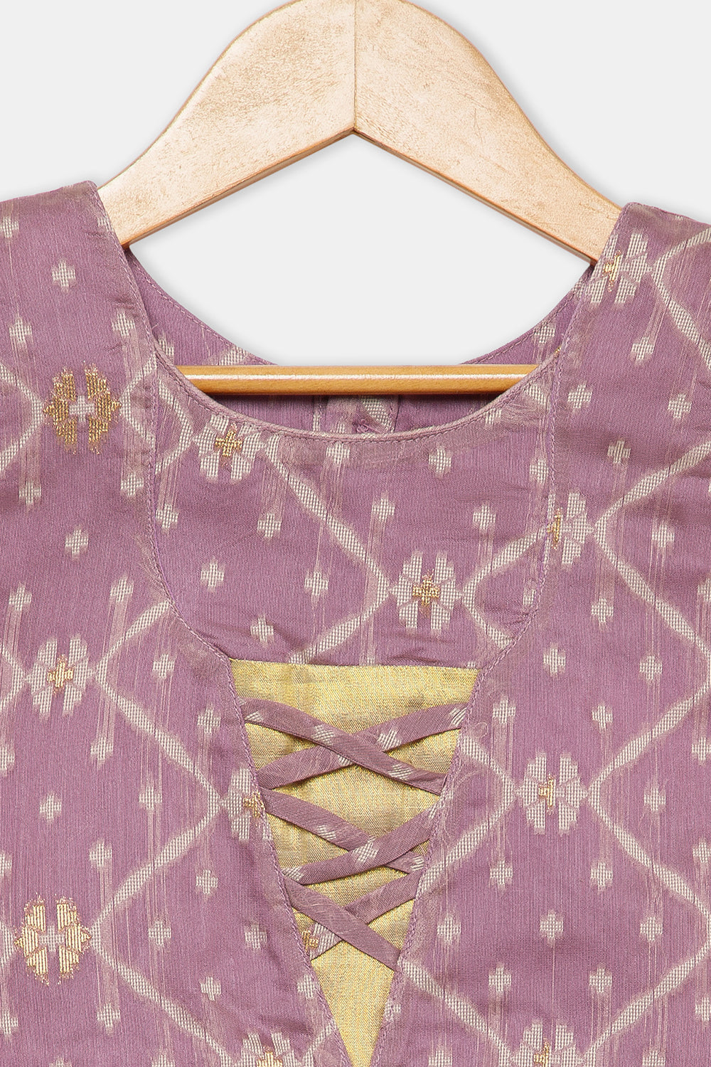 Chittythalli Girls’ Ethnic Pavadai Set – Chanderi Jamdani Peplum Top with Criss-Cross Cording & Kali Skirt | Traditional Festive Wear for Girls - PS91