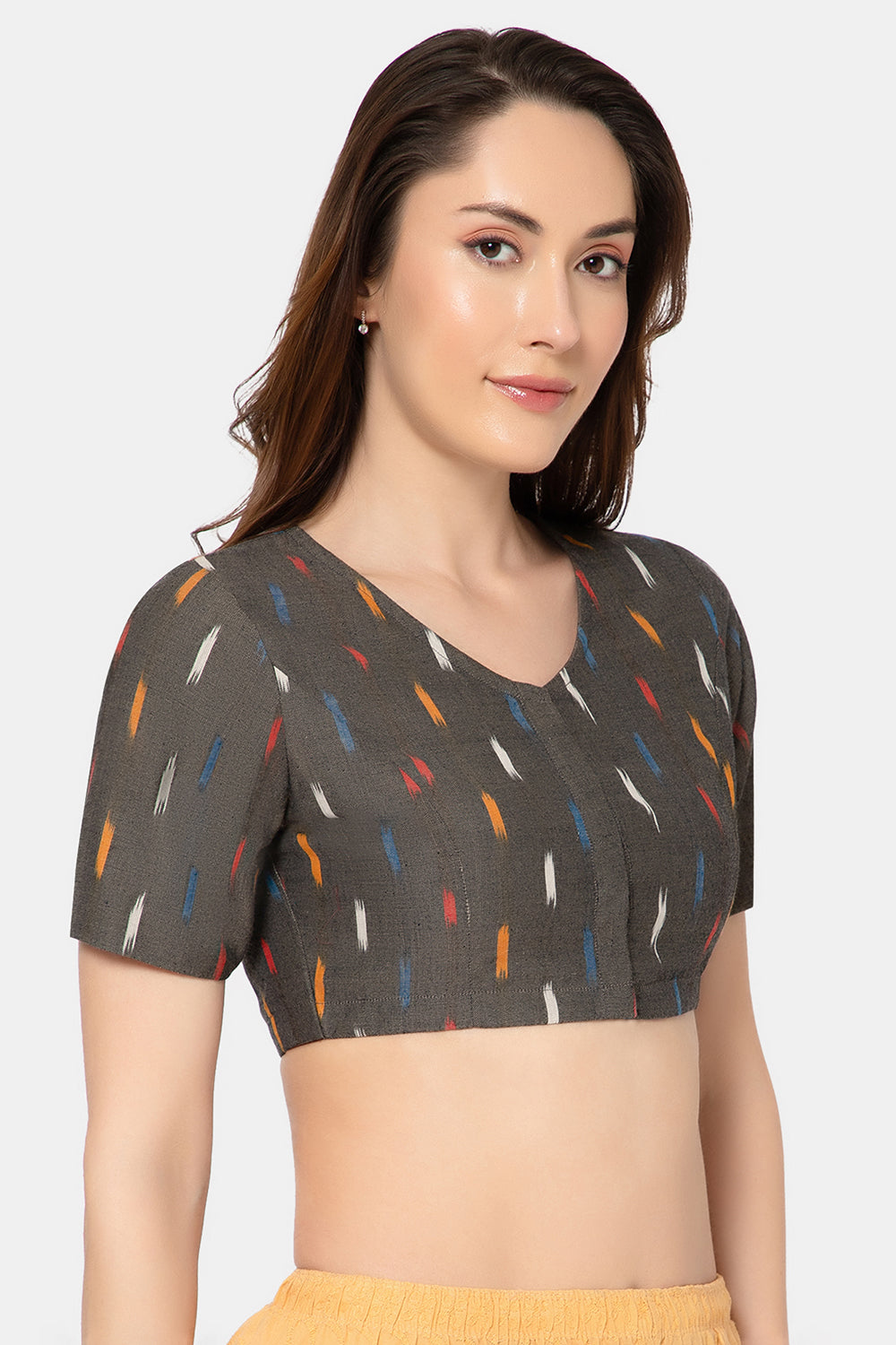 Naidu Hall Women’s Designer Cotton Ikat Blouse V-Neck Front Open with Elbow Sleeves - Blackprint 2 - BU16