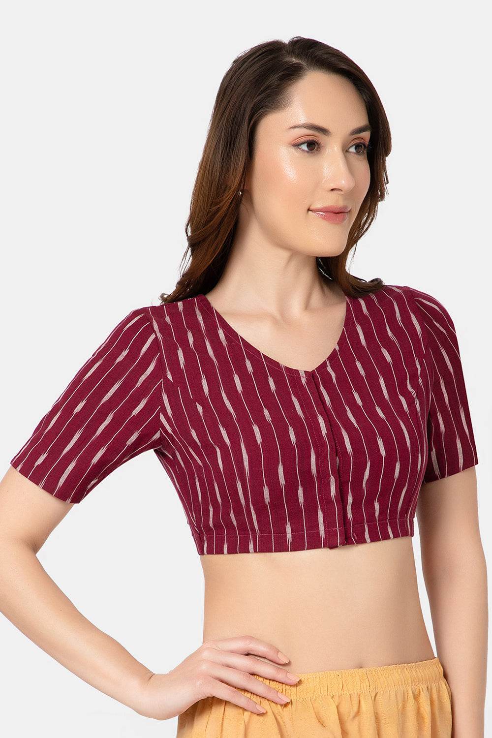Naidu Hall Women’s Designer Cotton Ikat Blouse V-Neck Front Open with Elbow Sleeves - Maroon - BU16 - Naidu Hall Family Store