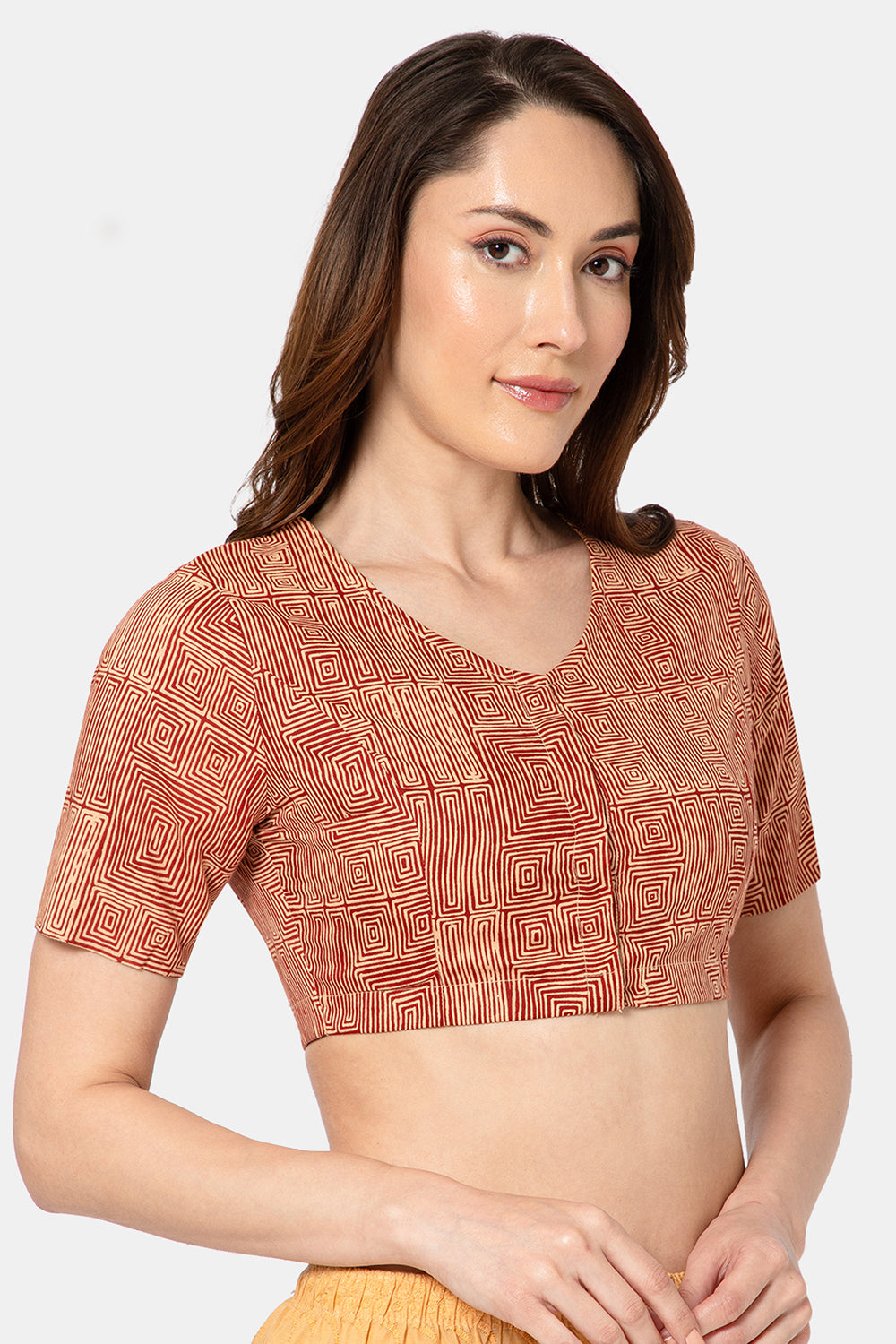 Naidu Hall Women’s Designer Cotton Ikat Blouse V-Neck Front Open with Elbow Sleeves - Red - BU16