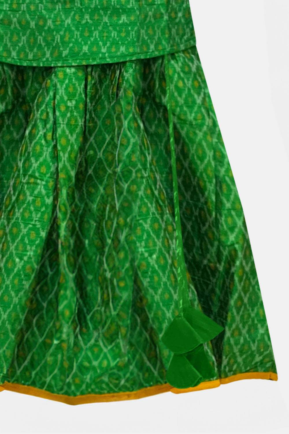Chittythalli Traditional Pure Ikat Raw Silk Handloom Pavadai Set Wrap with Tie Sleeves & Flared Tassel Skirt - Green - PS84 - Naidu Hall Family Store