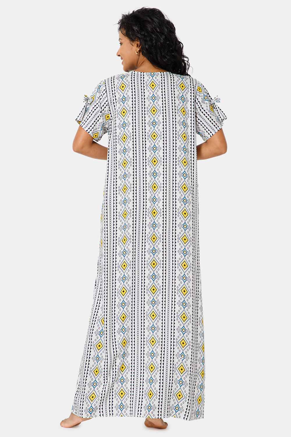 Naidu Hall Round Neck Box Pleatted Short Sleeve Printed Nighty-White - NT44