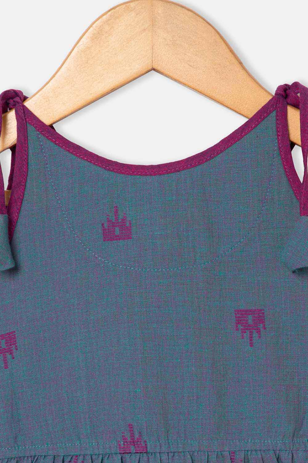 Chittythalli Girls Ethnic Layered Frock with Ruffles & Tassels – Handloom Butta Dress - Teal Green - FR24